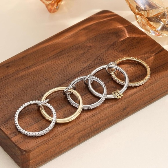 Silver Gold Diamond Stackable Multi Ring Set of 5 Rings • Statement • Fidget Lux - Picture 2 of 4